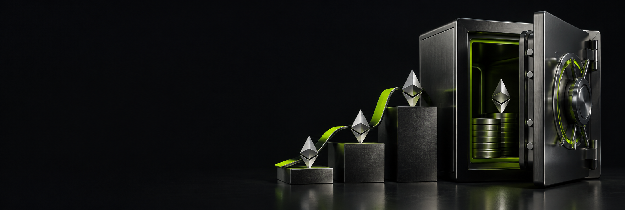 Ethereum tokens on rising steps leading to a graphite vault with lime accents
